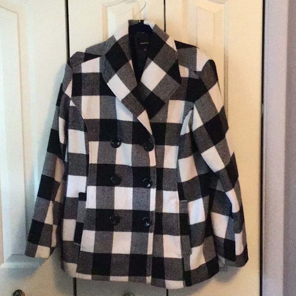 Rampage Black/White Buffalo Plaid Double Breasted Lined Pea Coat  Sz XL